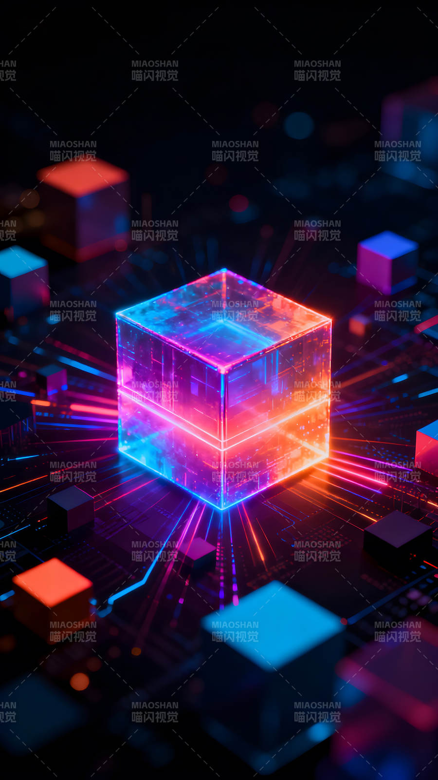 霓虹灯光下的科技立方体图片