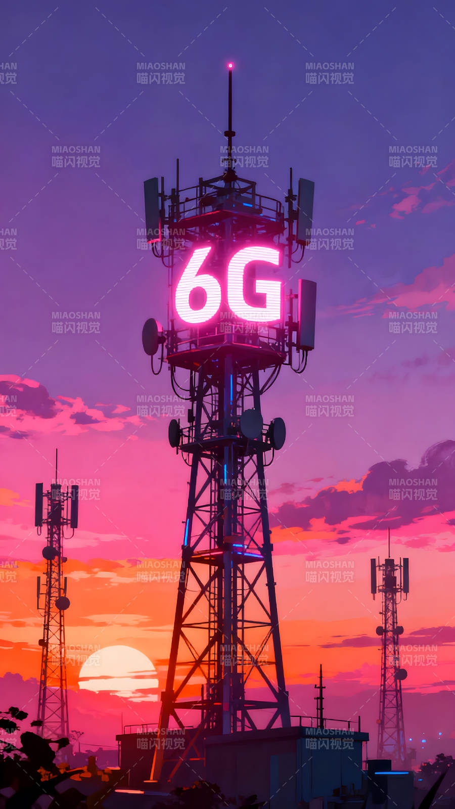 6G信号塔夜景绚丽夺目图片
