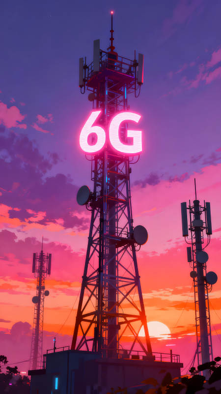 6G信号塔夜景霓虹灯光渲染图片