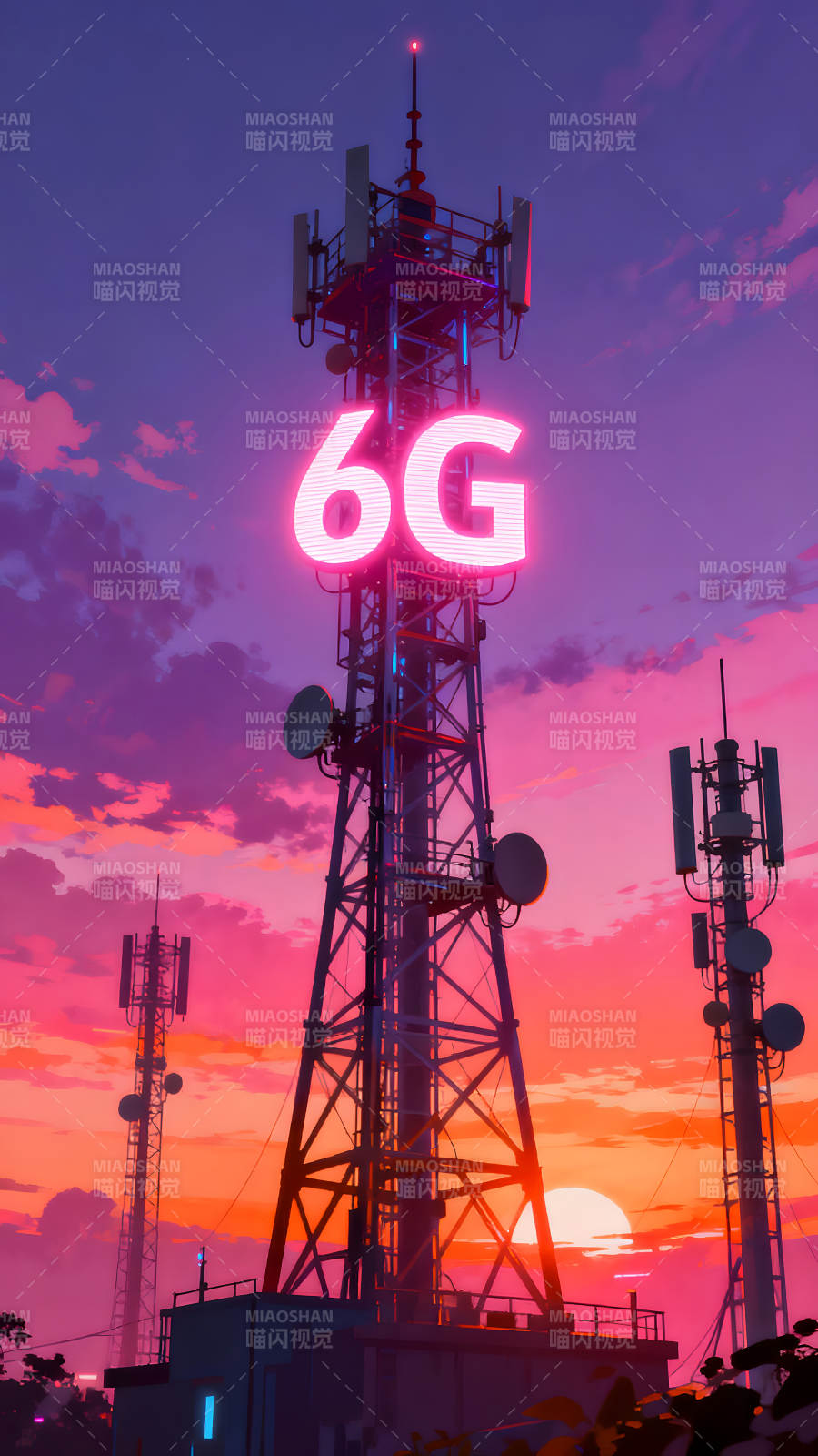 6G信号塔夜景霓虹灯光渲染图片