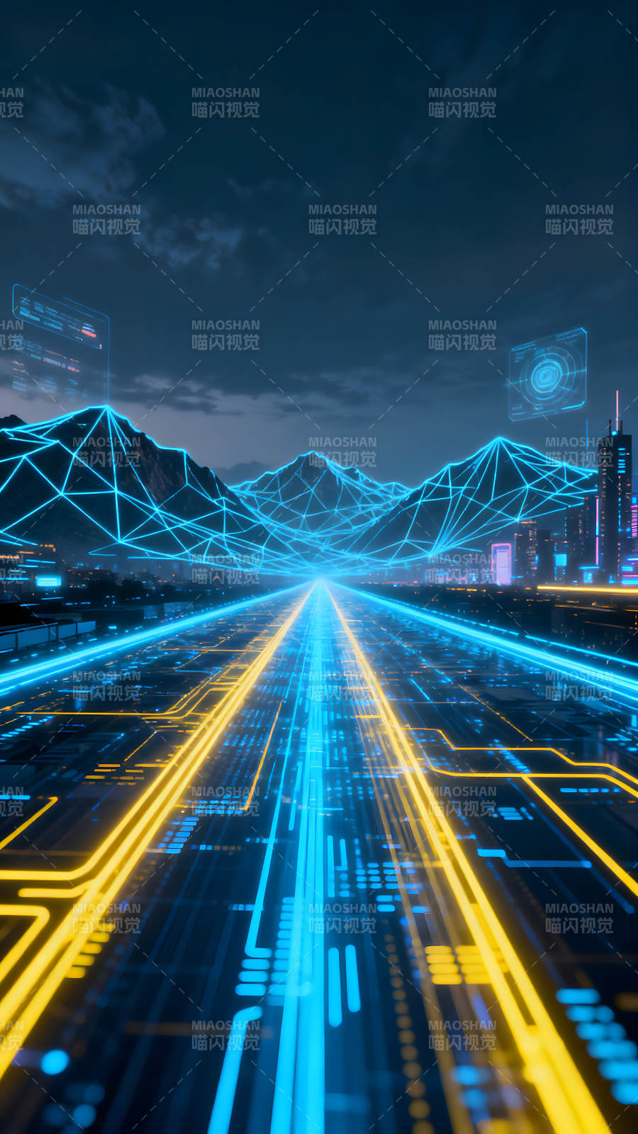赛博朋克风格城市道路与山脉图片
