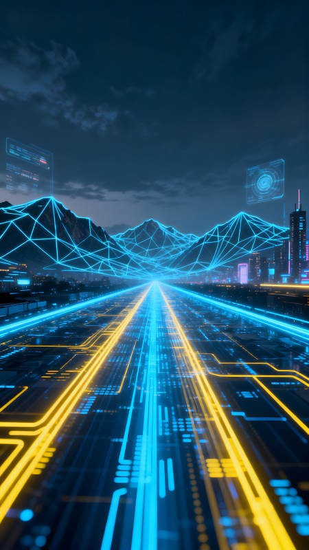 赛博朋克风格城市道路与山脉图片