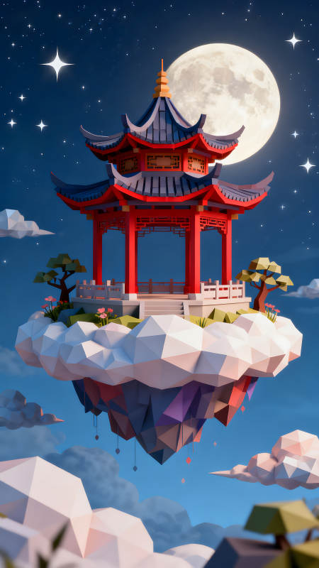 悬浮亭阁夜晚明月奇幻意境图片