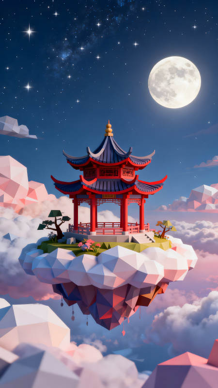 空中亭台楼阁梦幻夜景图片