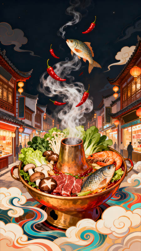 热气腾腾的火锅美食夜色下的中国风图片