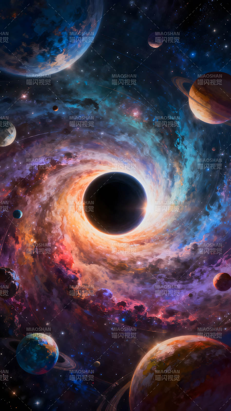 宇宙漩涡与行星群的奇幻景象图片