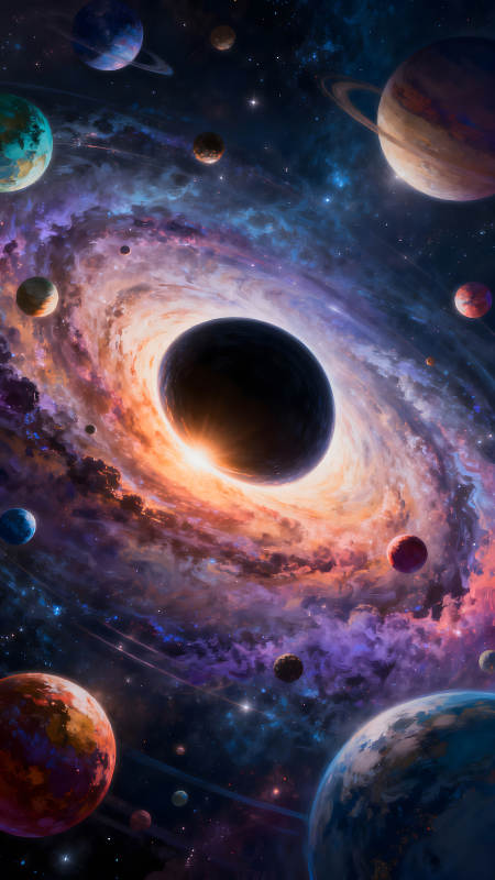 宇宙黑洞行星围绕色彩斑斓充满神秘感图片