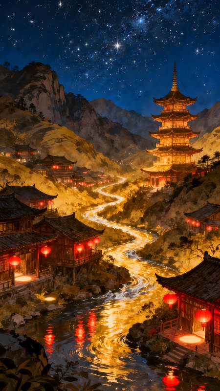 夜晚的中国古镇风景如画图片