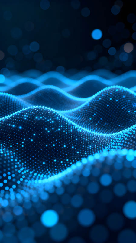 蓝色发光粒子组成的波浪抽象画面图片