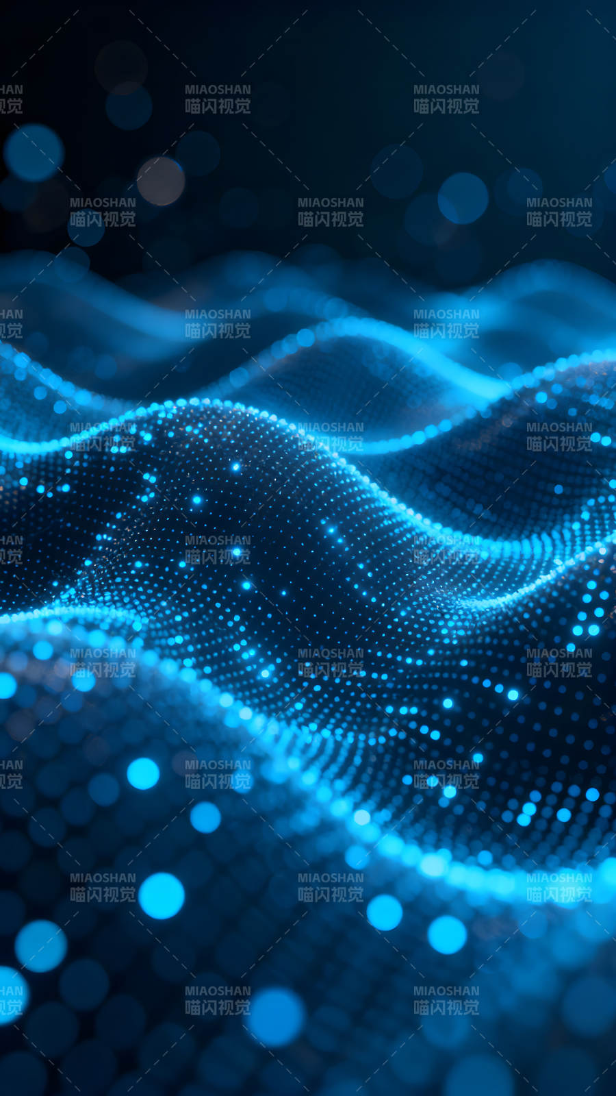 蓝色的发光粒子构成波浪梦幻景象图片