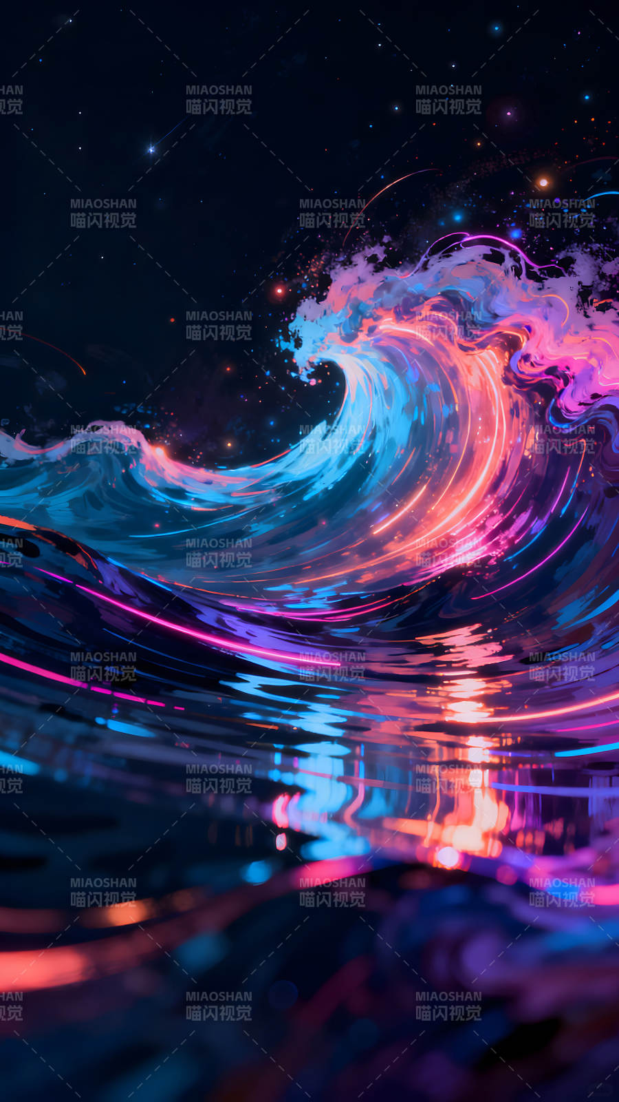 夜空下的绚丽波浪与倒影图片