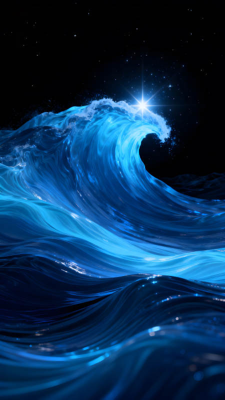 夜空下的蓝色巨浪闪耀着星光图片