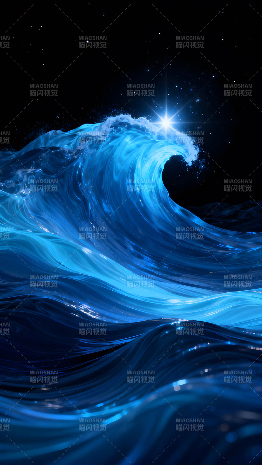夜空下的蓝色巨浪闪耀着星光图片