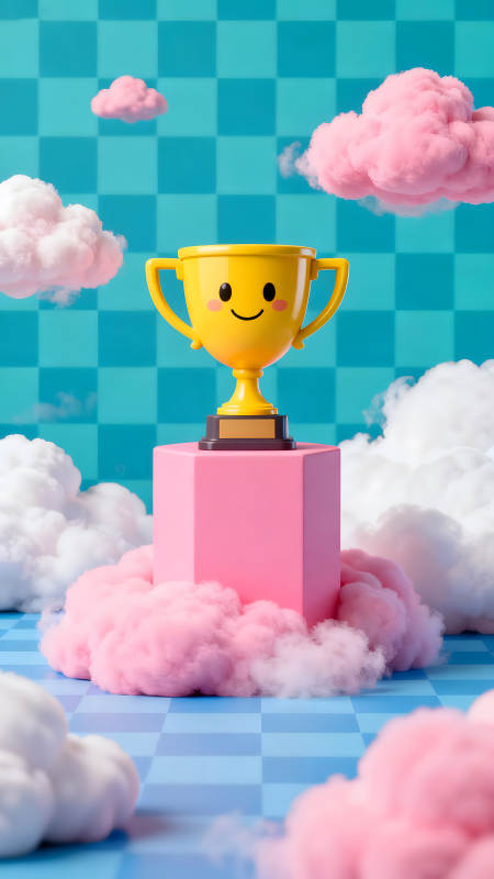 奖杯在粉色台上空气中漂浮着云朵图片