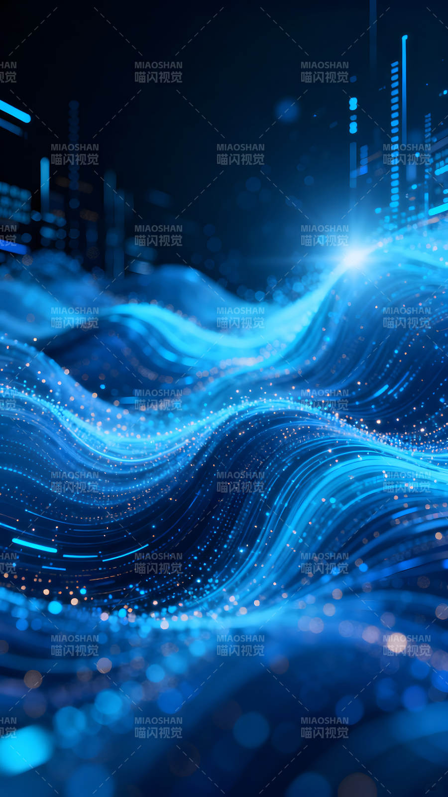 蓝色科技波浪闪耀数据流动图片