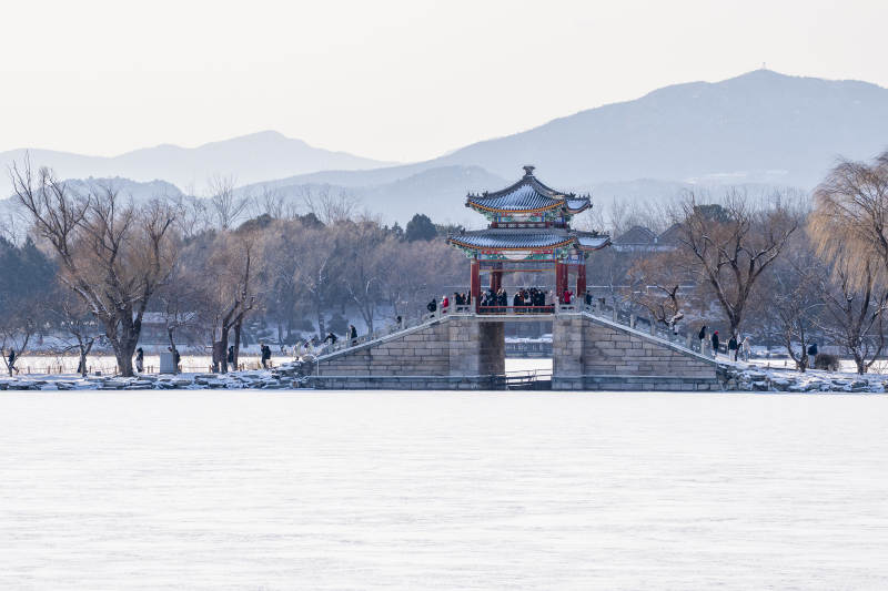 雪后湖畔亭桥图片
