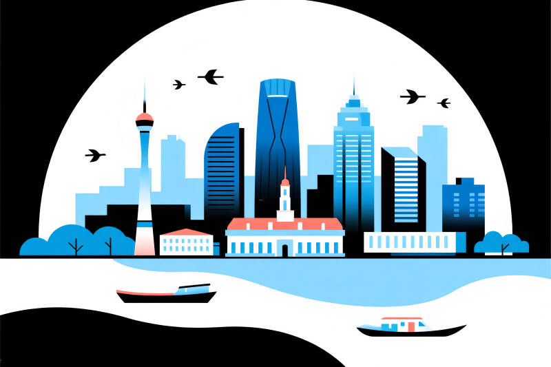 城市夜景剪影扁平化插画图片