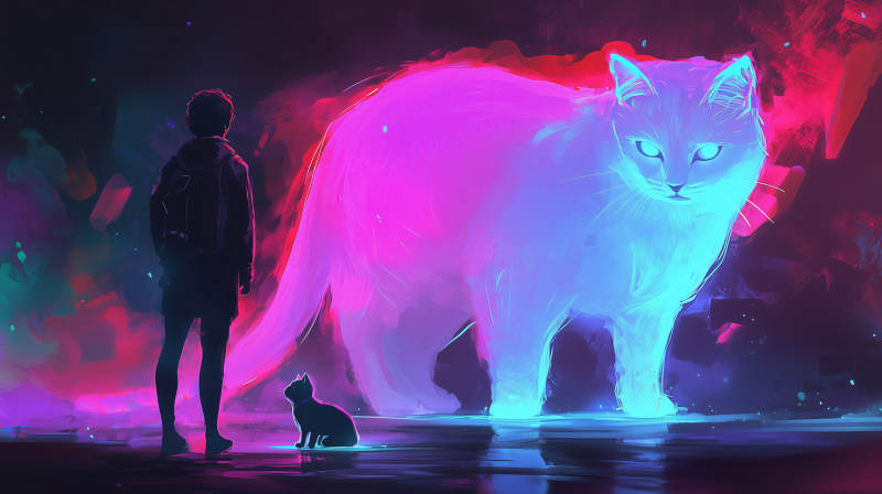 奇幻霓虹猫与少年图片