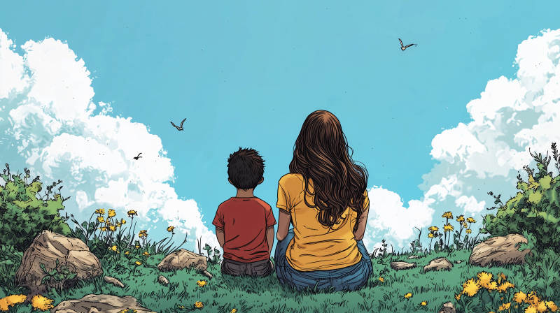 春日田园母子情图片