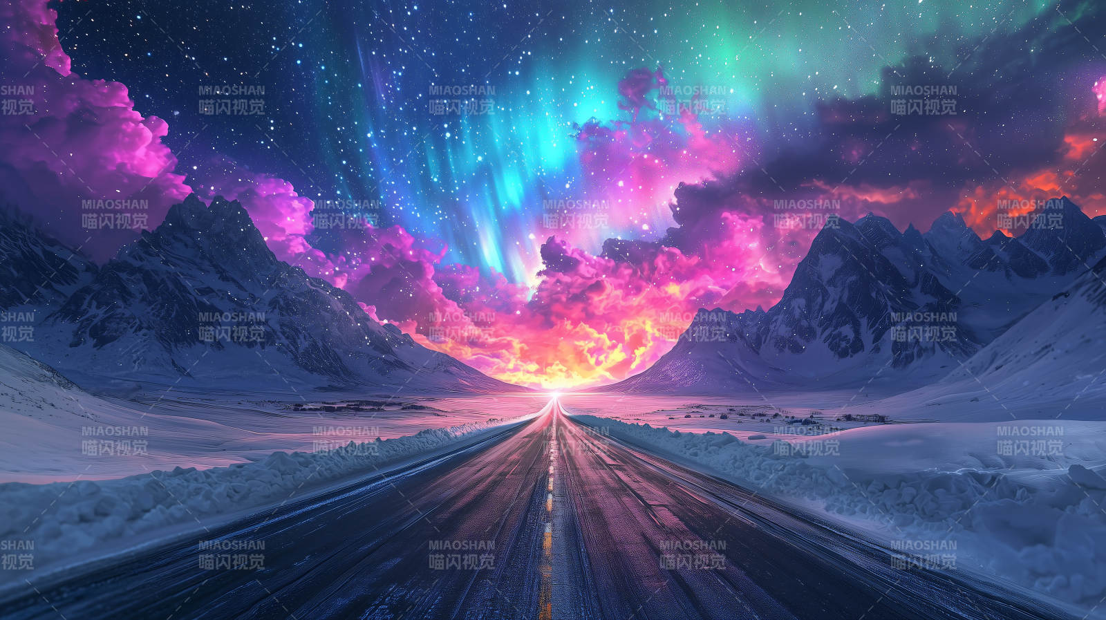 极光下的雪山公路图片