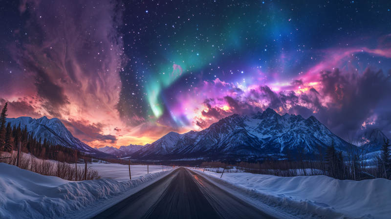 极光下的雪山公路图片