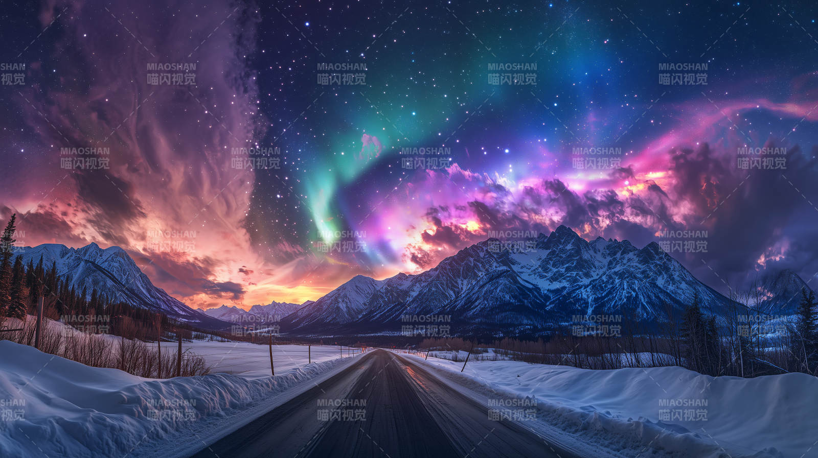 极光下的雪山公路图片
