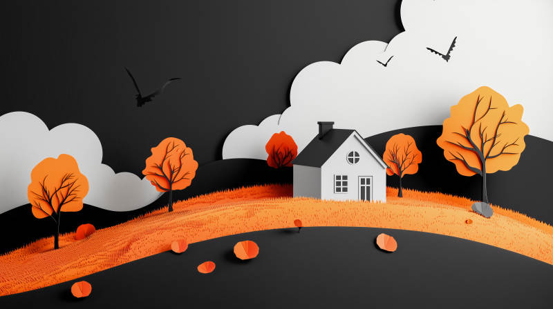 秋季剪纸风格山景图图片