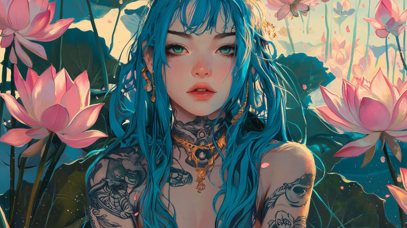 蓝发女孩与莲花图片