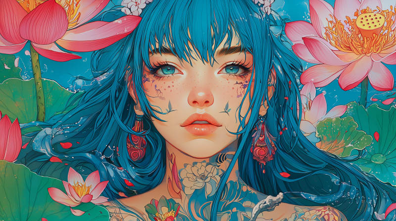 蓝发女孩与莲花图片