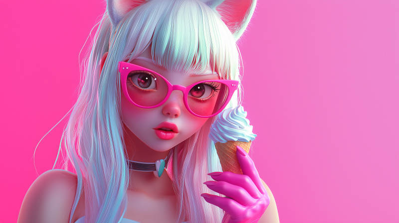 甜美少女与粉色冰淇淋图片