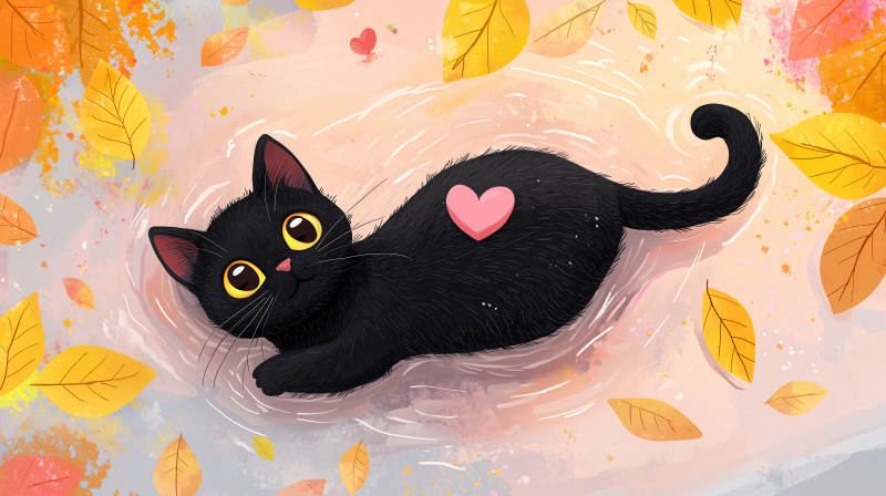 秋日黑猫戏水图图片