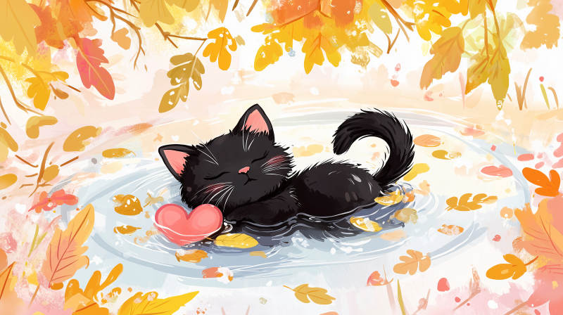 秋日黑猫戏水图图片