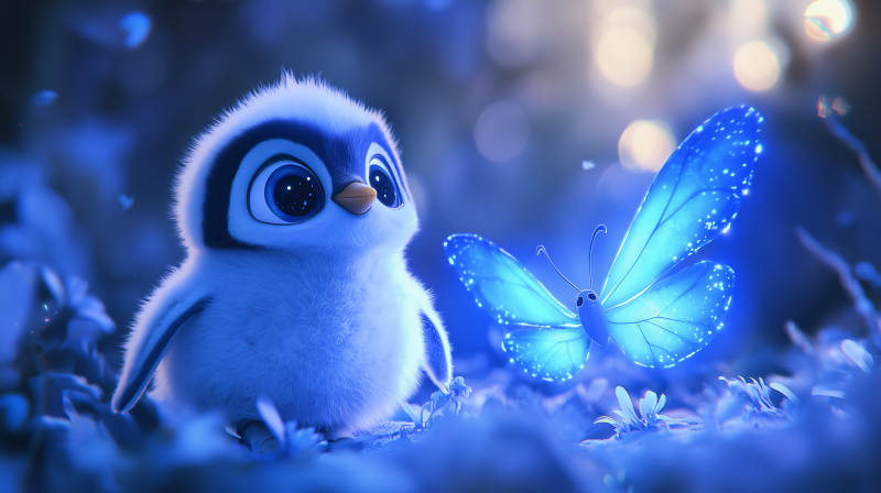 蓝色企鹅与萤火蝴蝶图片