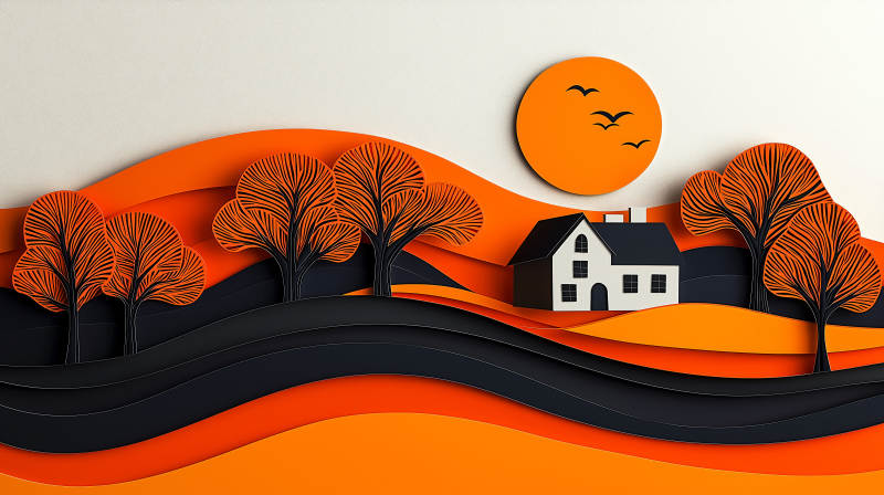 秋季剪纸风格山景图图片