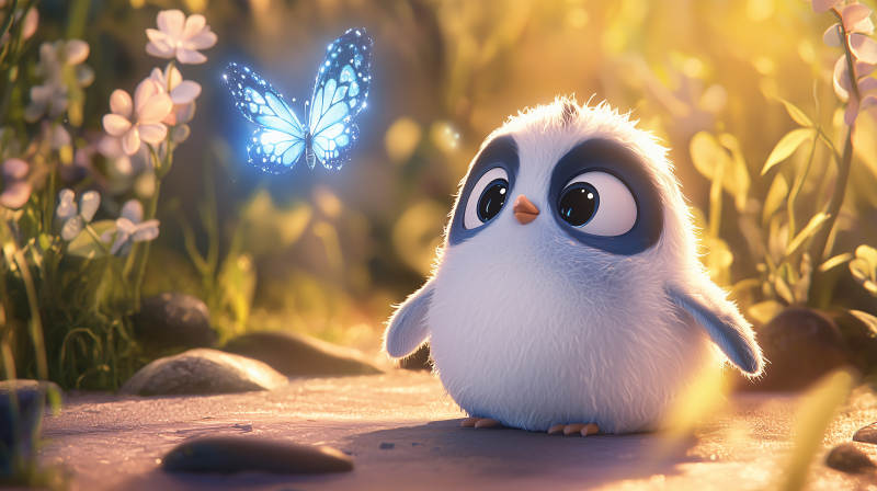 蓝色企鹅与萤火蝴蝶图片