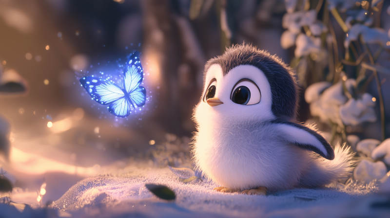 蓝色企鹅与萤火蝴蝶图片