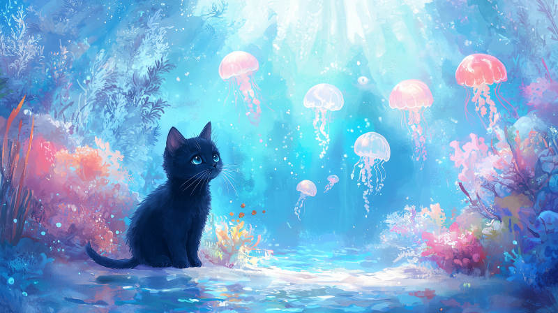 梦幻海洋与黑猫图片