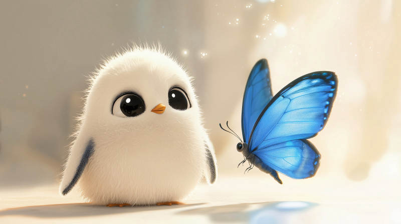 蓝色企鹅与萤火蝴蝶图片