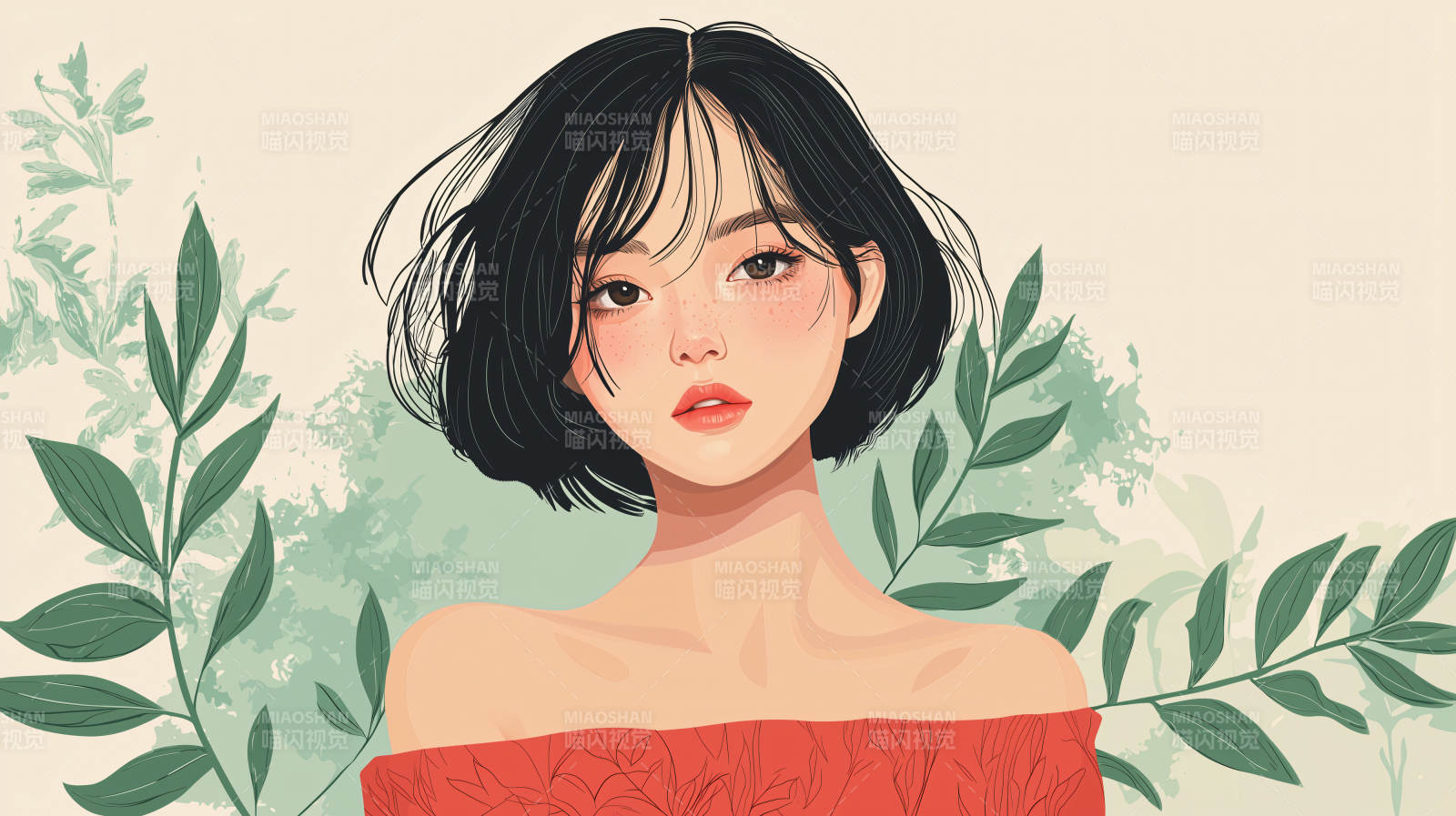 红衣少女与绿叶图片