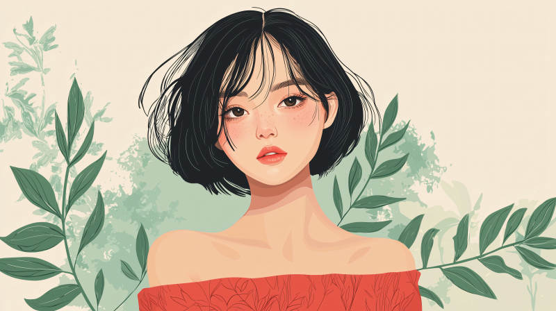 红衣少女与绿叶图片