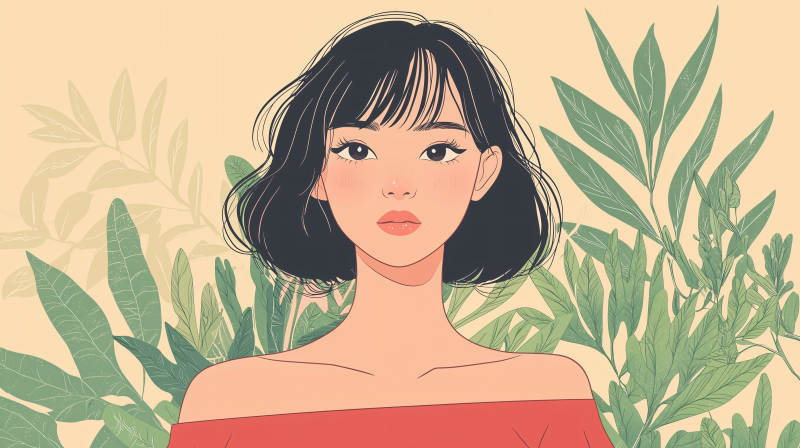 红衣少女与绿叶图片