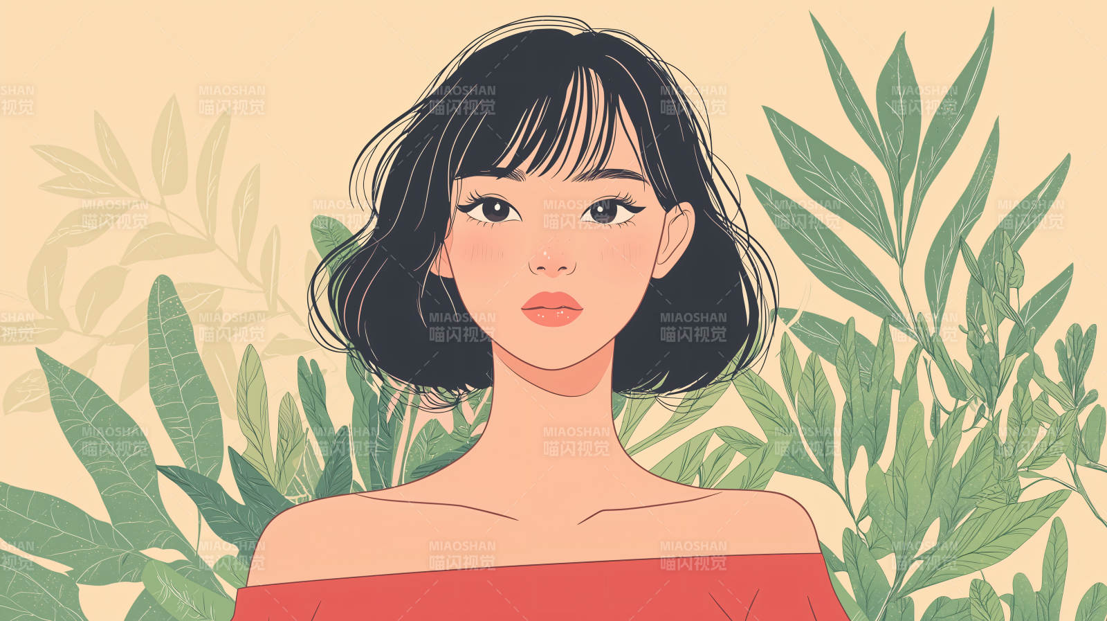 红衣少女与绿叶图片