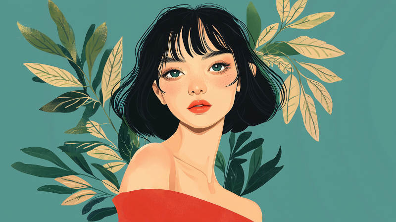 红衣少女与绿叶图片