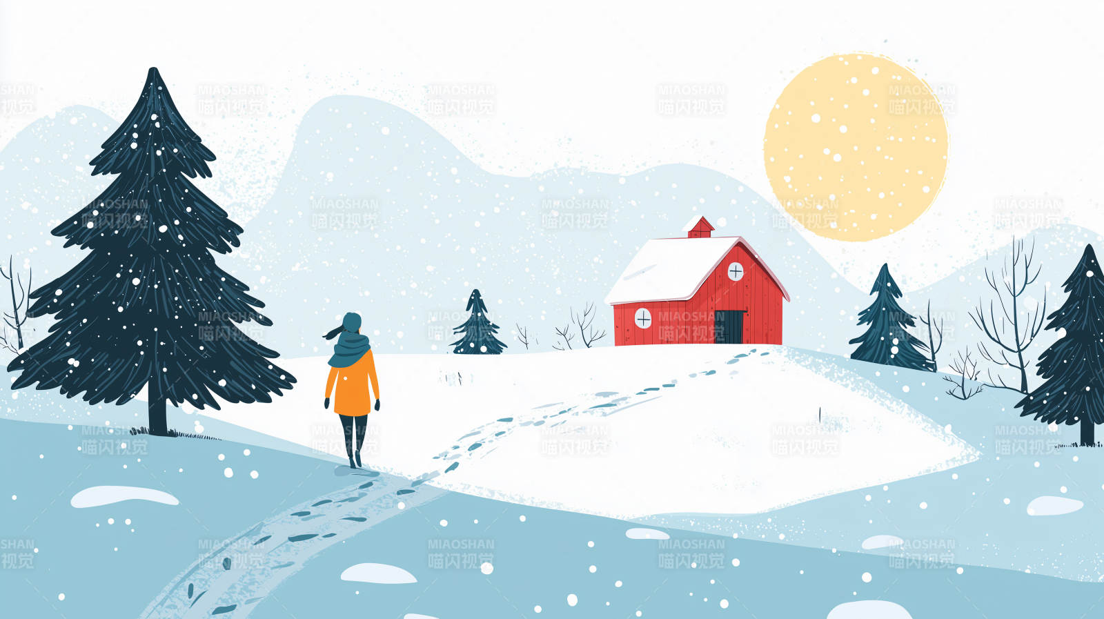 冬日雪景中的红色农舍图片