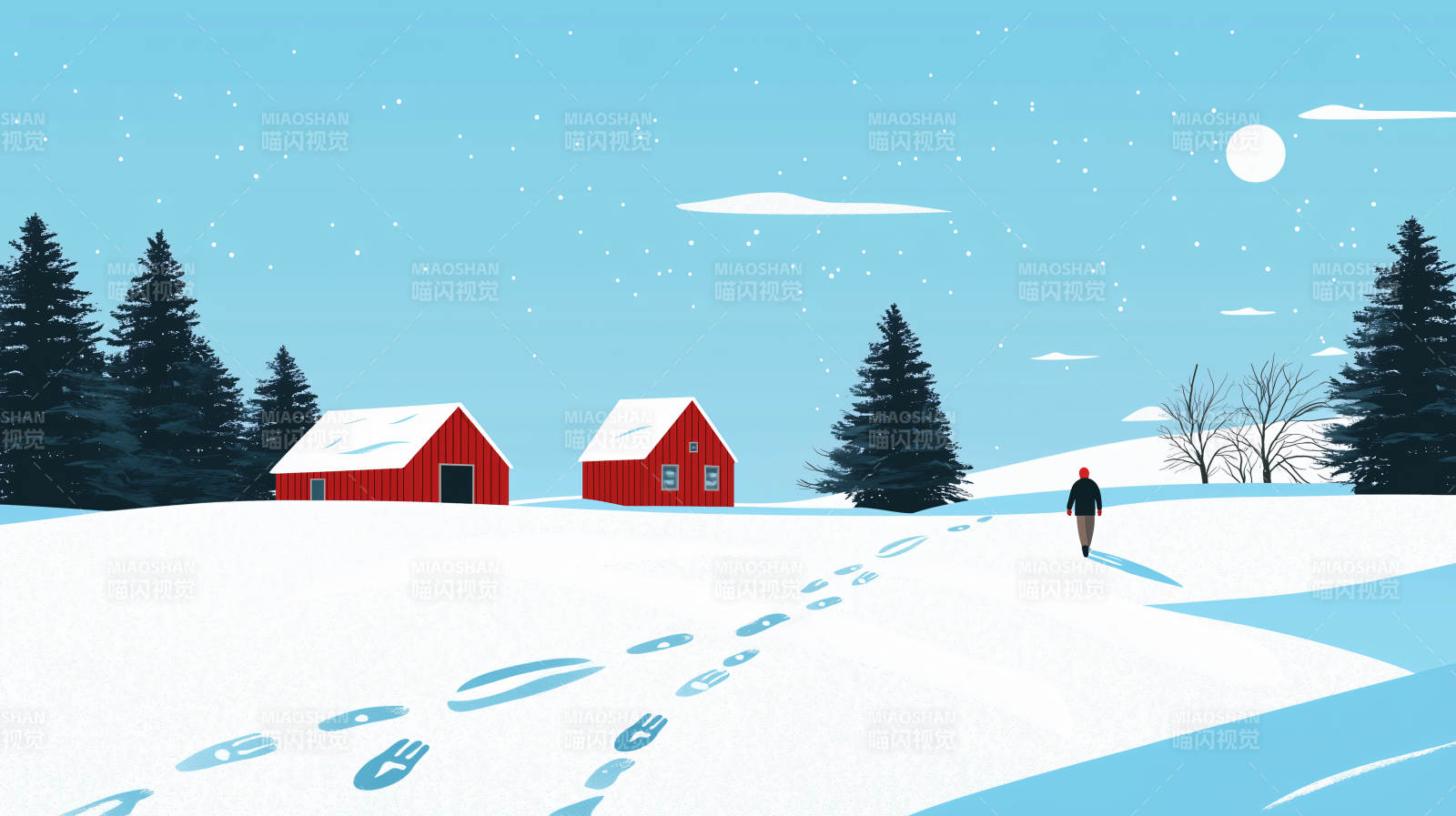 冬日雪景中的红色农舍图片