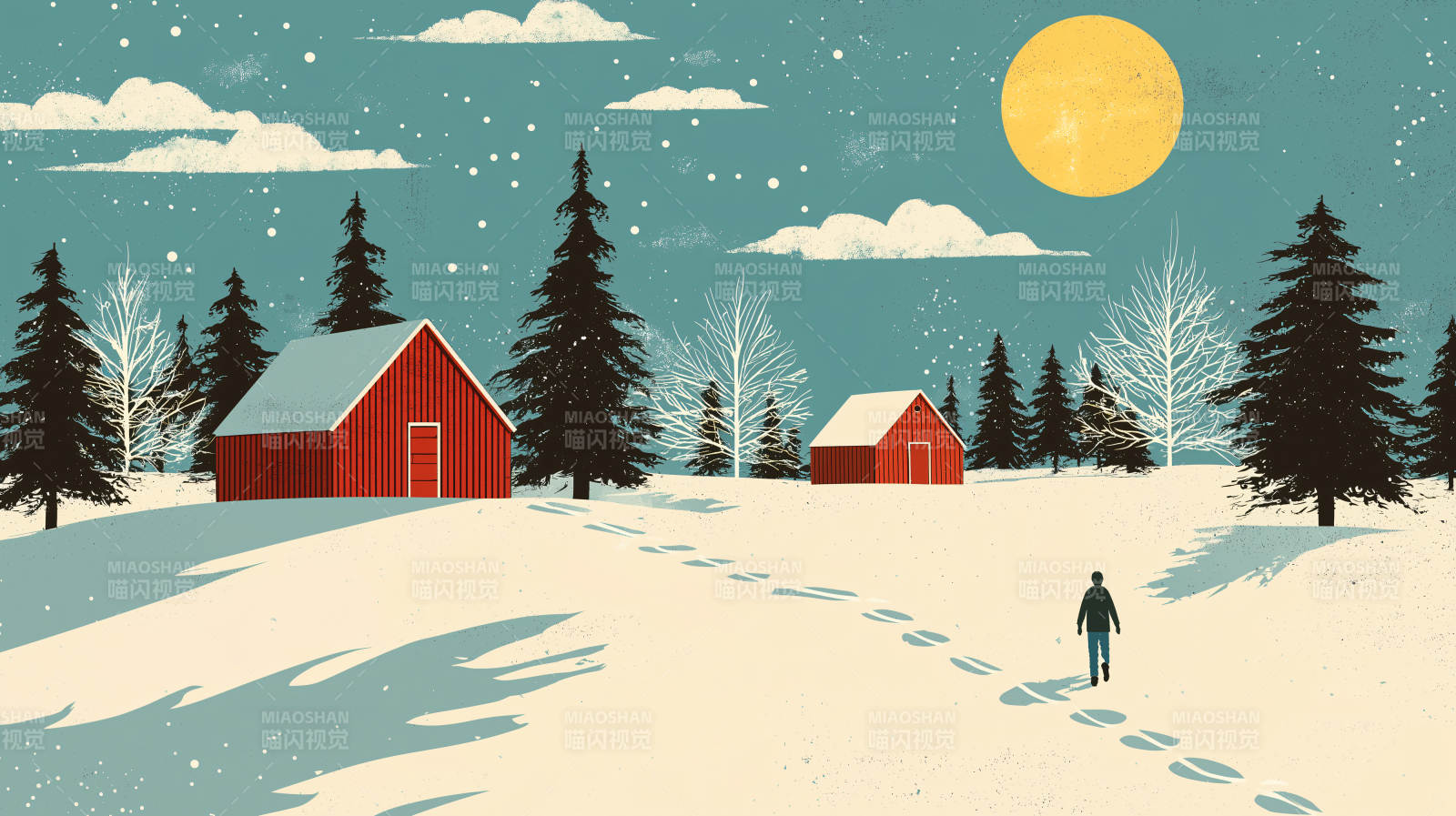 冬日雪景中的红色农舍图片