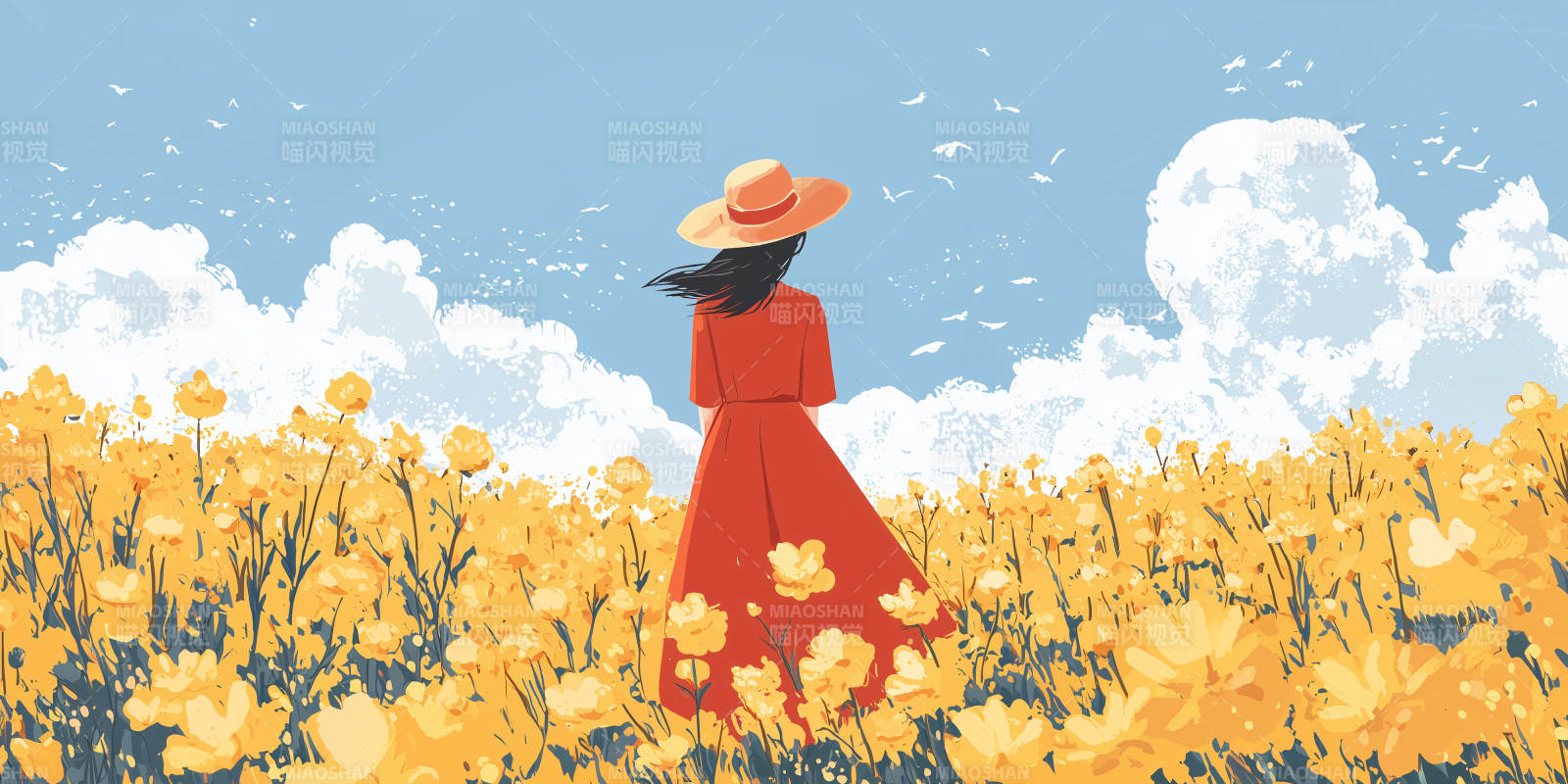 红裙女子与金色花海图片