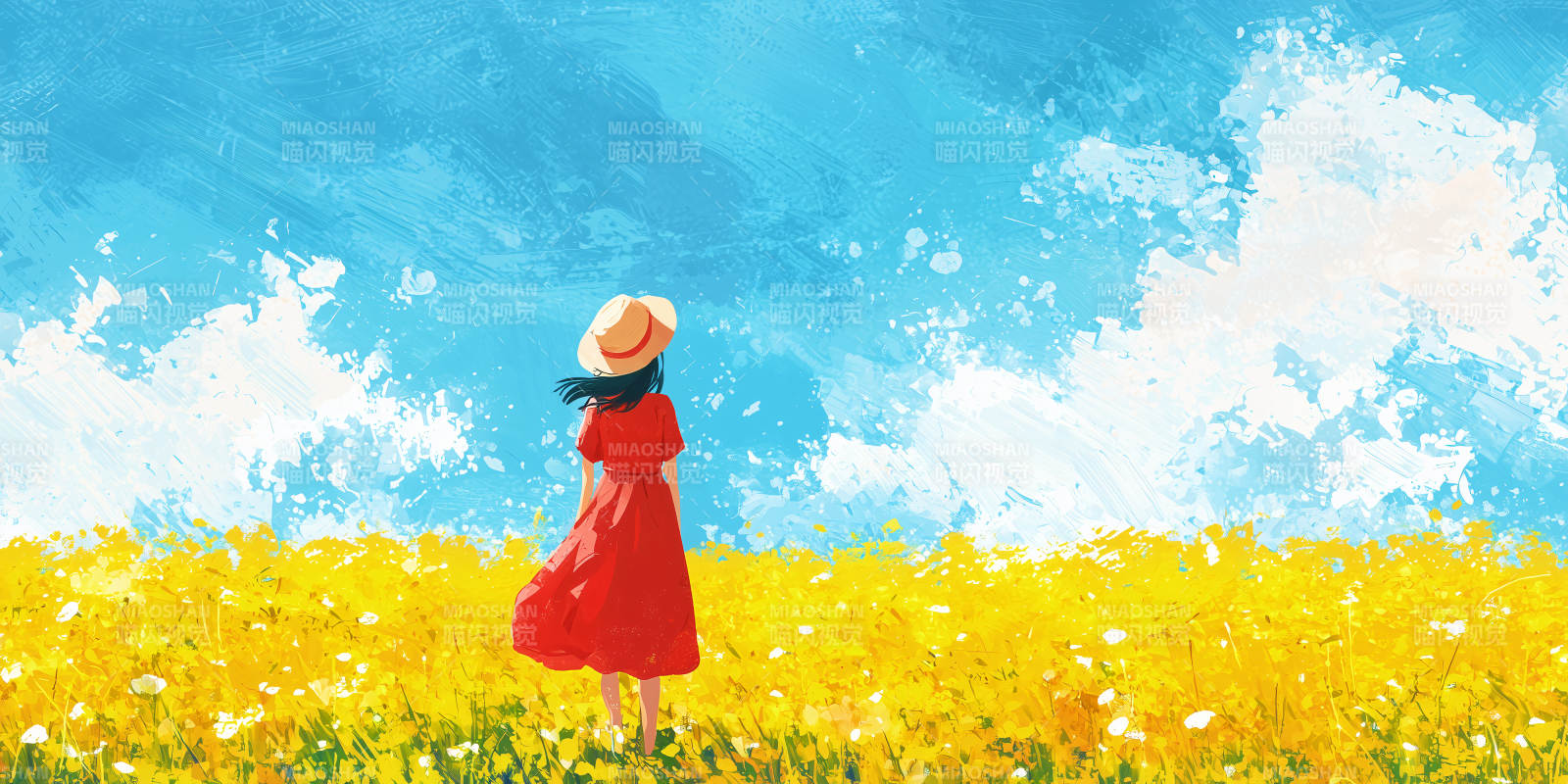 红裙女子与金色花海图片