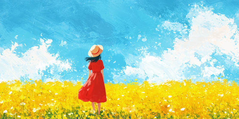 红裙女子与金色花海图片