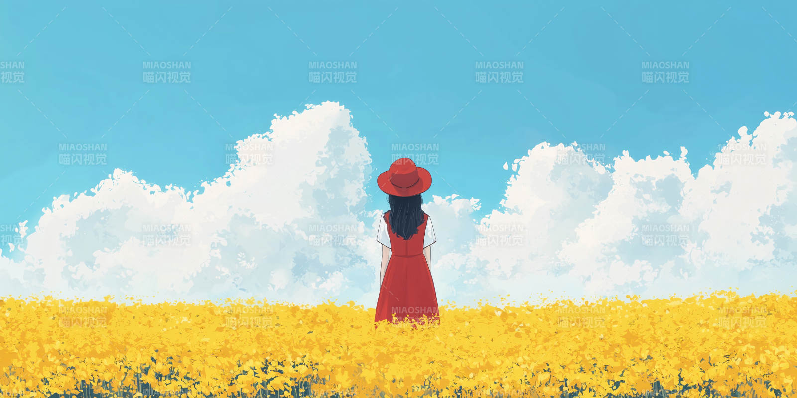 红裙女子与金色花海图片